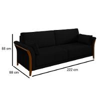 Sofá Living 3 Lugares 222cm Pés Madeira Roya M22 Veludo Preto - Mpozenato - 2
