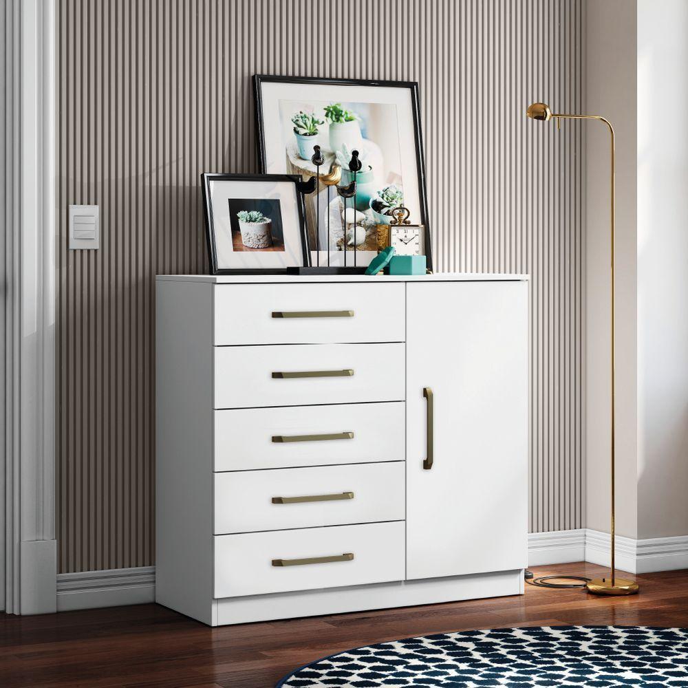 Cômoda Sapateira Multiuso 5 Gavetas 1 Porta Milão Aramóveis Branco - 4