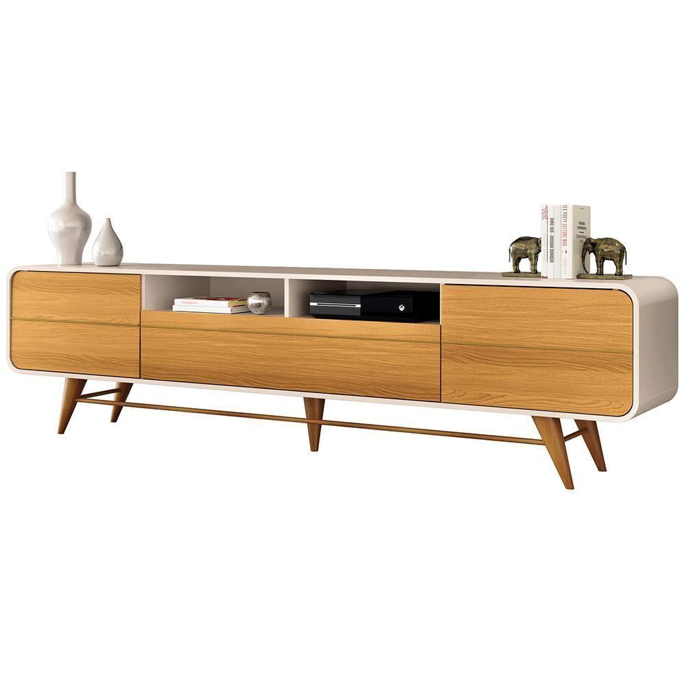 Rack Para Sala De Estar Tv 85 Pol Orgânico 220cm Erah B01 Off White Cinamomo - Lyam Decor - 1