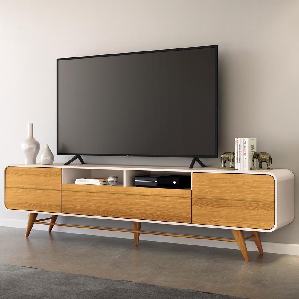 Rack Para Sala De Estar Tv 85 Pol Orgânico 220cm Erah B01 Off White Cinamomo - Lyam Decor - 2