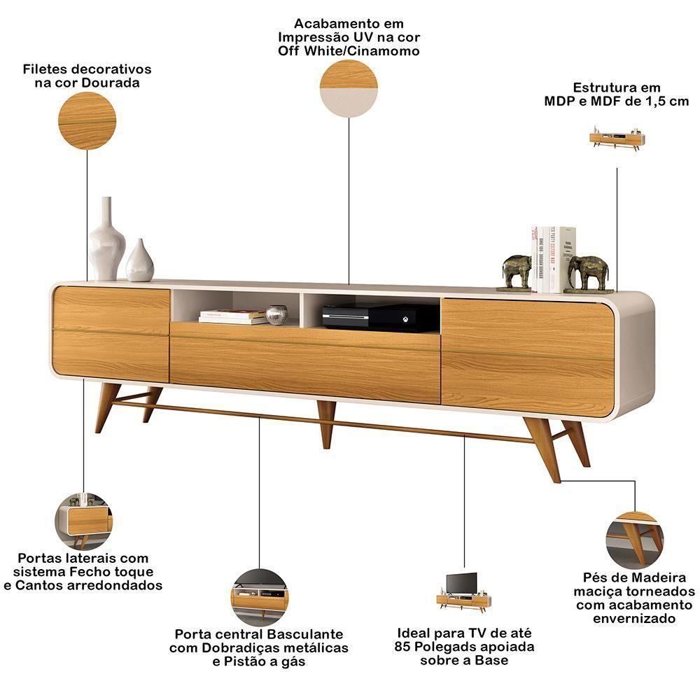 Rack Para Sala De Estar Tv 85 Pol Orgânico 220cm Erah B01 Off White Cinamomo - Lyam Decor - 3