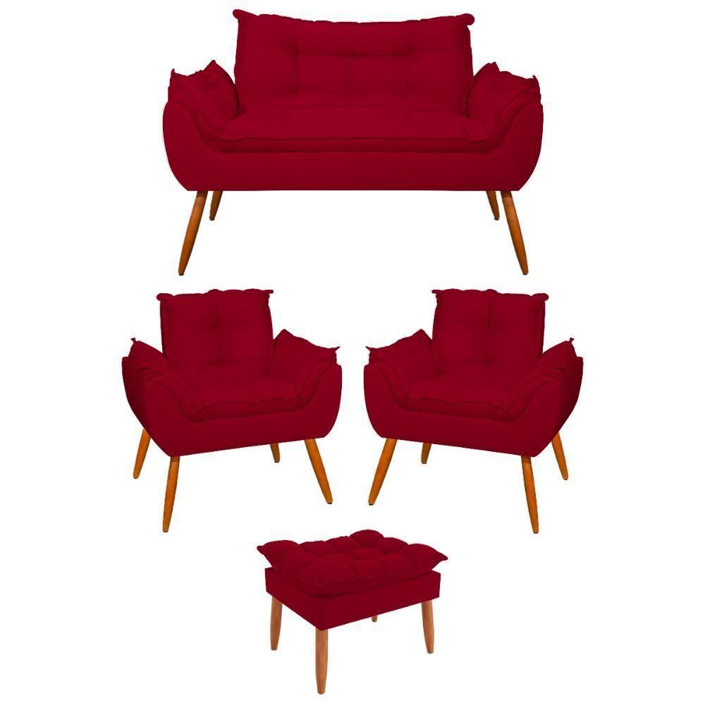 Kit 02 Poltronas + Sofá 2 Lugares Com Puff Opala Balaqui Vermelho - 1