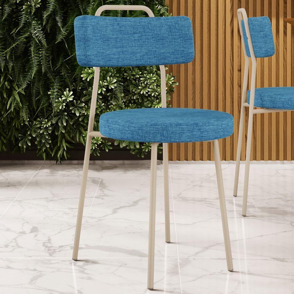 Kit 02 Cadeiras Decorativas Estofada Sala Jantar Barcelona Arena L02 Linho Azul - Lyam - 5