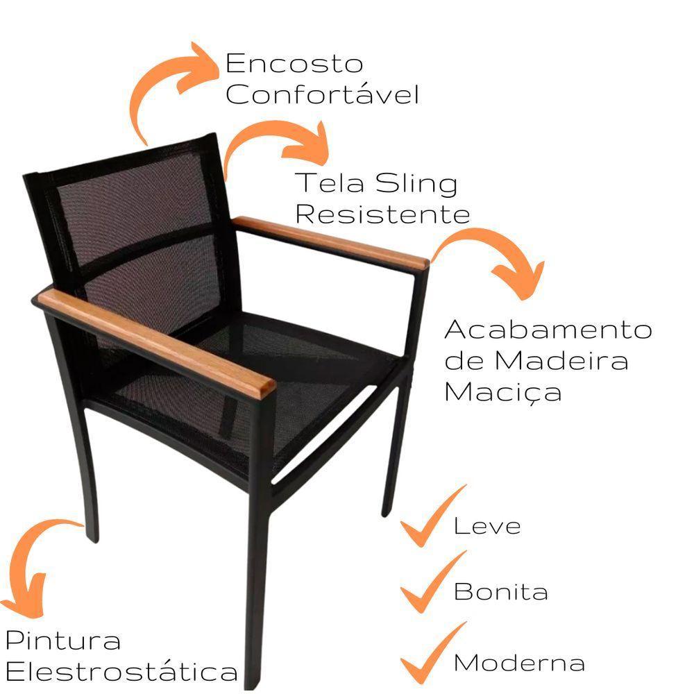 Poltrona Cadeira De Jantar Amélia Tela Sling E Alumínio Com Braço Detalhe Madeira Preto - 4