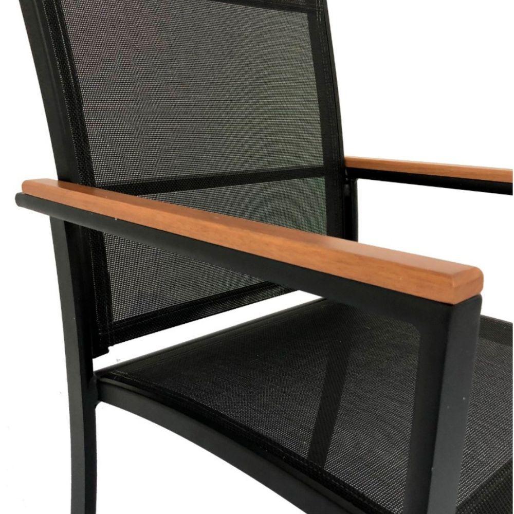 Poltrona Cadeira De Jantar Amélia Tela Sling E Alumínio Com Braço Detalhe Madeira Preto - 6
