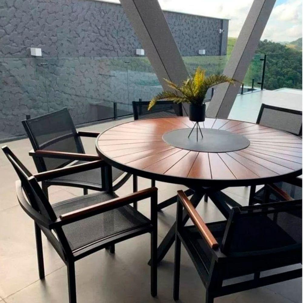 Poltrona Cadeira De Jantar Amélia Tela Sling E Alumínio Com Braço Detalhe Madeira Preto - 8