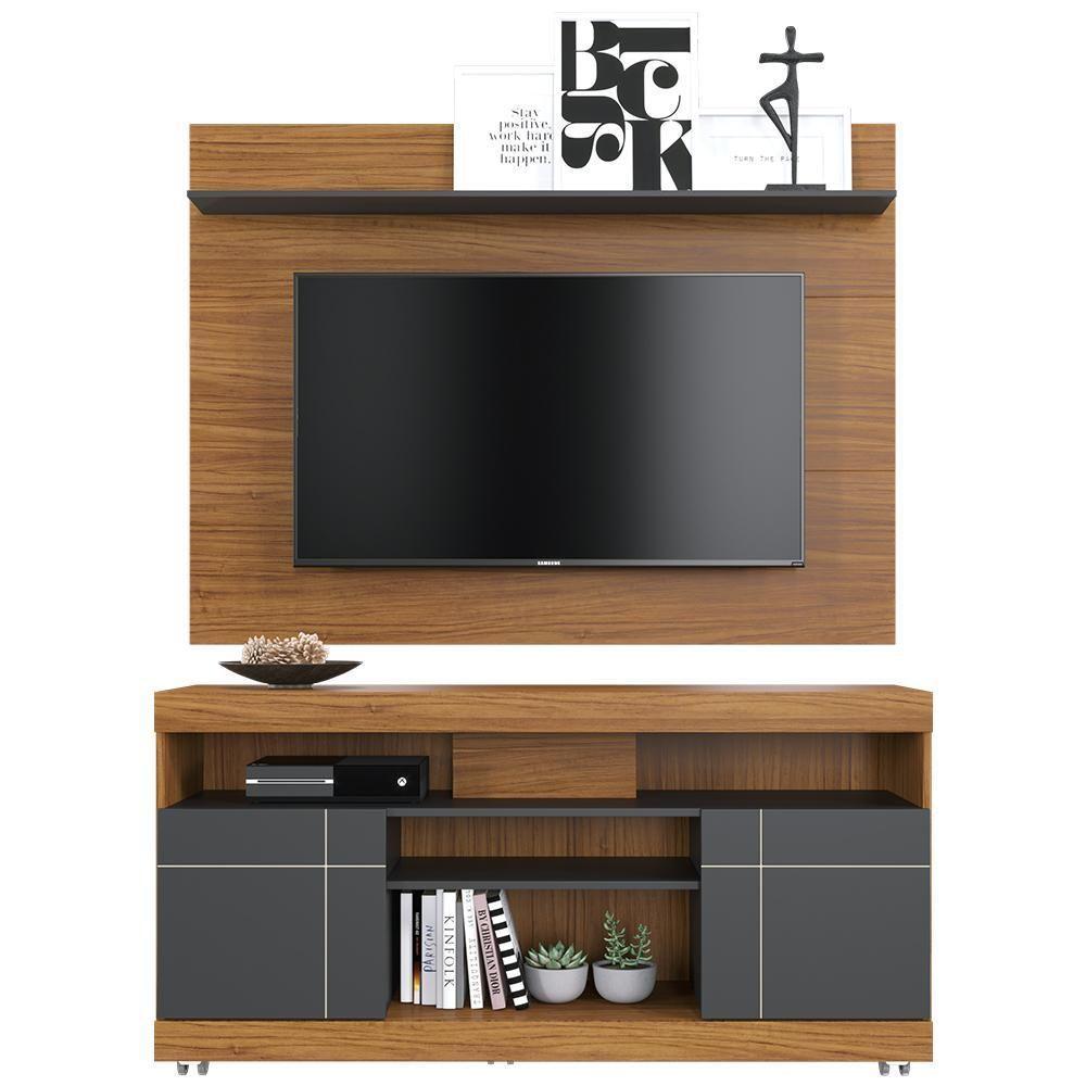 Rack Para Sala Com Painel Para Tv 55 Pol Raya C04 Noce Milano Preto Fosco - Lyam Decor - 4