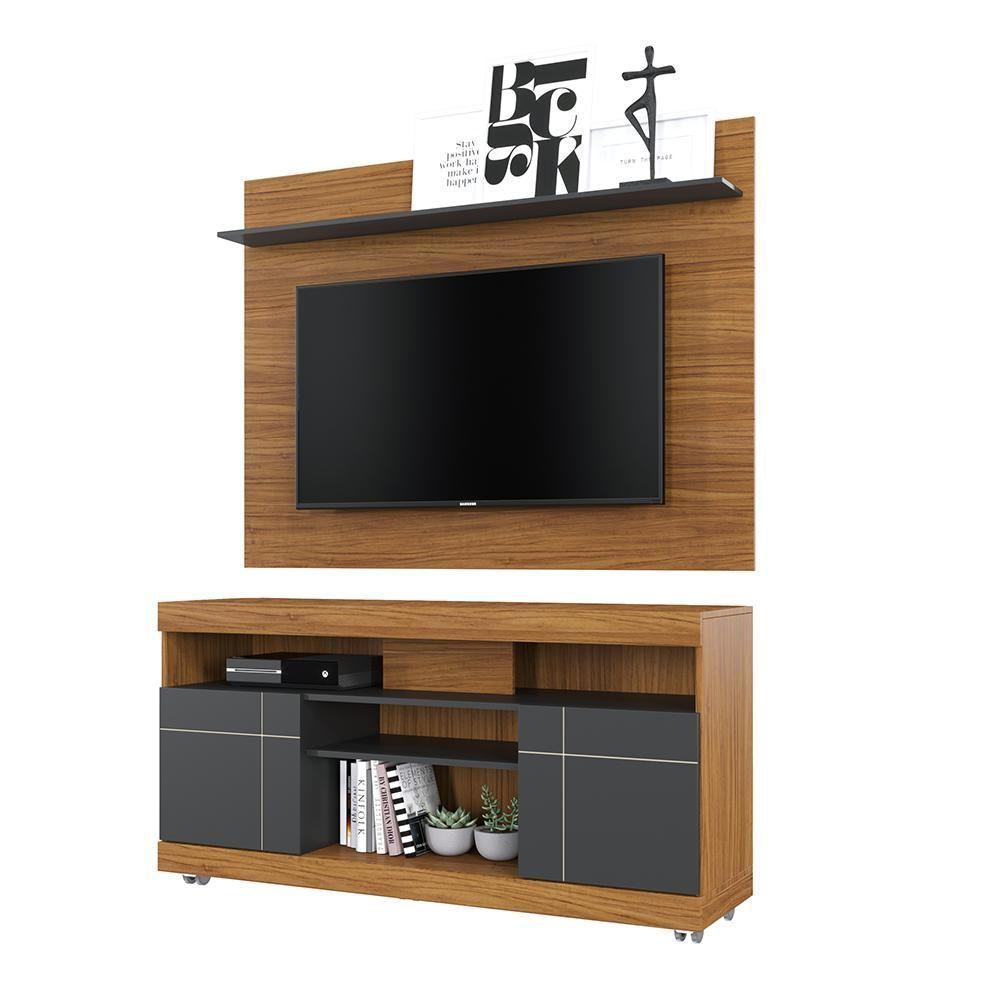Rack Para Sala Com Painel Para Tv 55 Pol Raya C04 Noce Milano Preto Fosco - Lyam Decor - 5