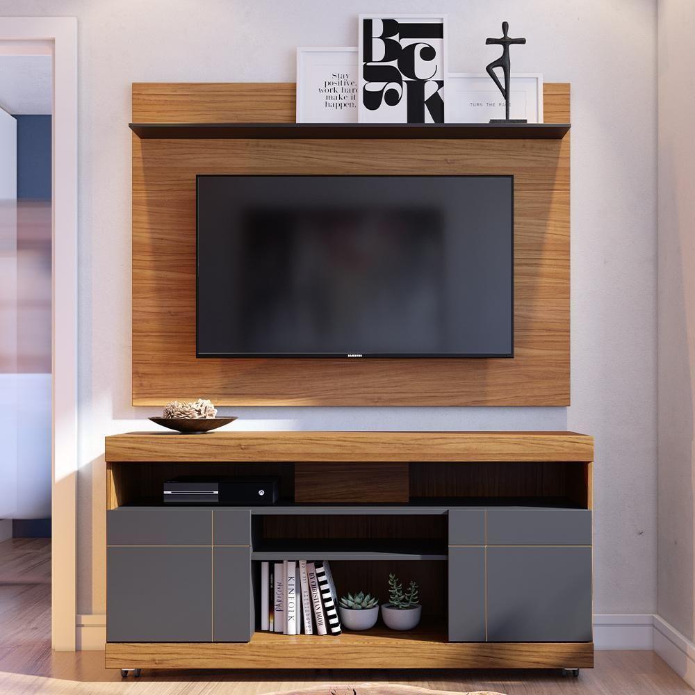 Rack Para Sala Com Painel Para Tv 55 Pol Raya C04 Noce Milano Preto Fosco - Lyam Decor - 6
