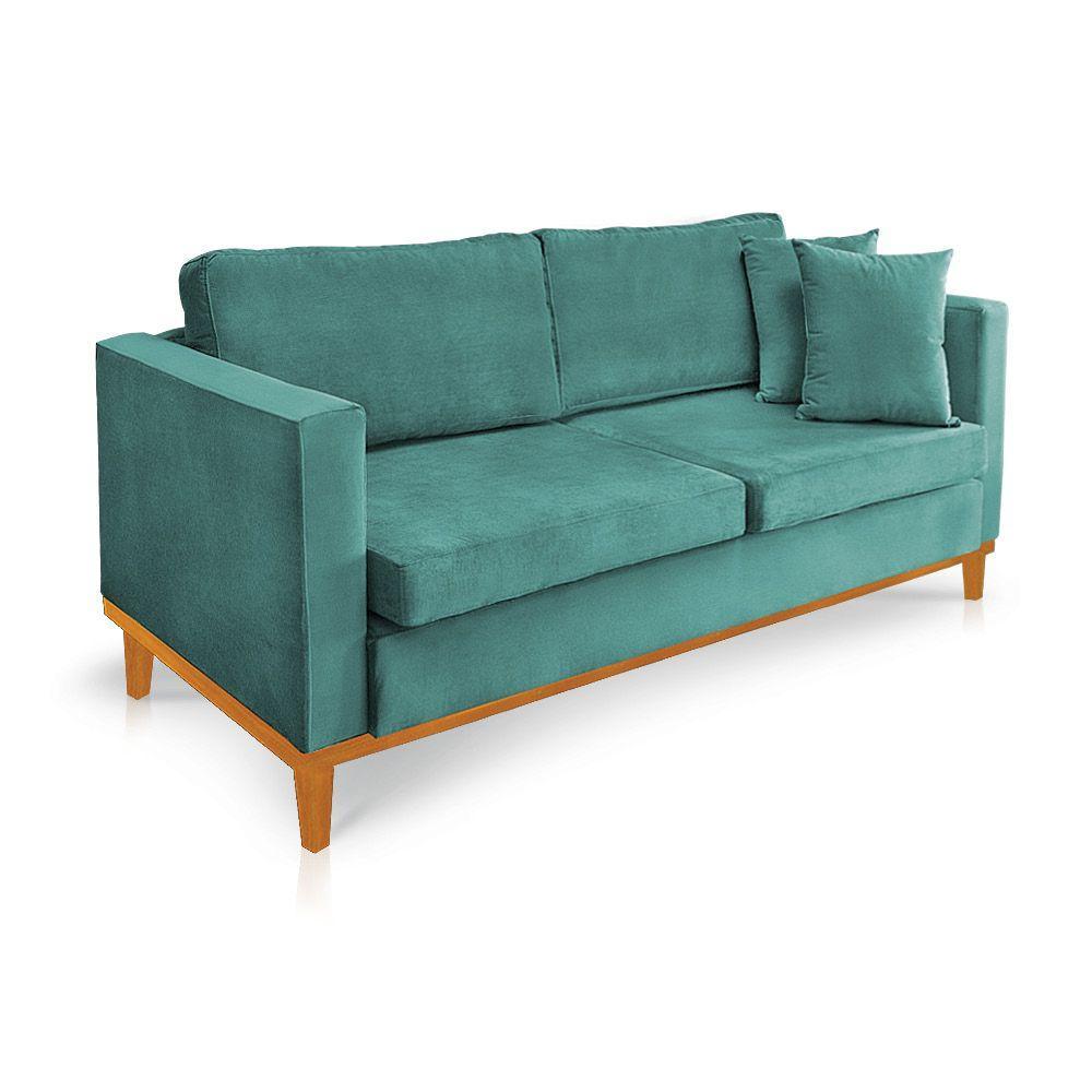 Sofá 03 Lugares Juliette Azul Base Madeira Castanho - 3