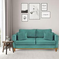 Sofá 03 Lugares Juliette Azul Base Madeira Castanho