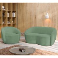 Sofá 3 Lugares Living 180cm E 1 Poltrona Giratória Garbin K04 Bouclê Verde - Mpozenato - 2