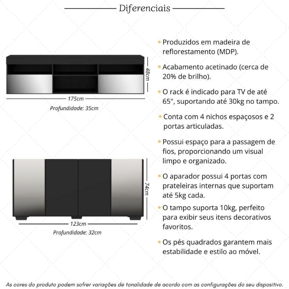 Rack Para Tv Até 65 Polegadas 2 Portas Com Aparador 4 Portas E Espelhos Multimóveis Mp1096 Preto - 5