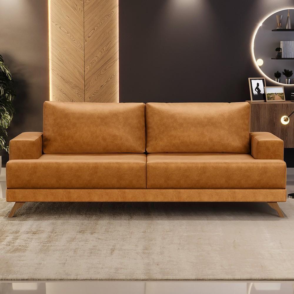 Sofá 3 Lugares 180cm Living Pés Curvos Santi D05 Sintético Whisky - Mpozenato - 2