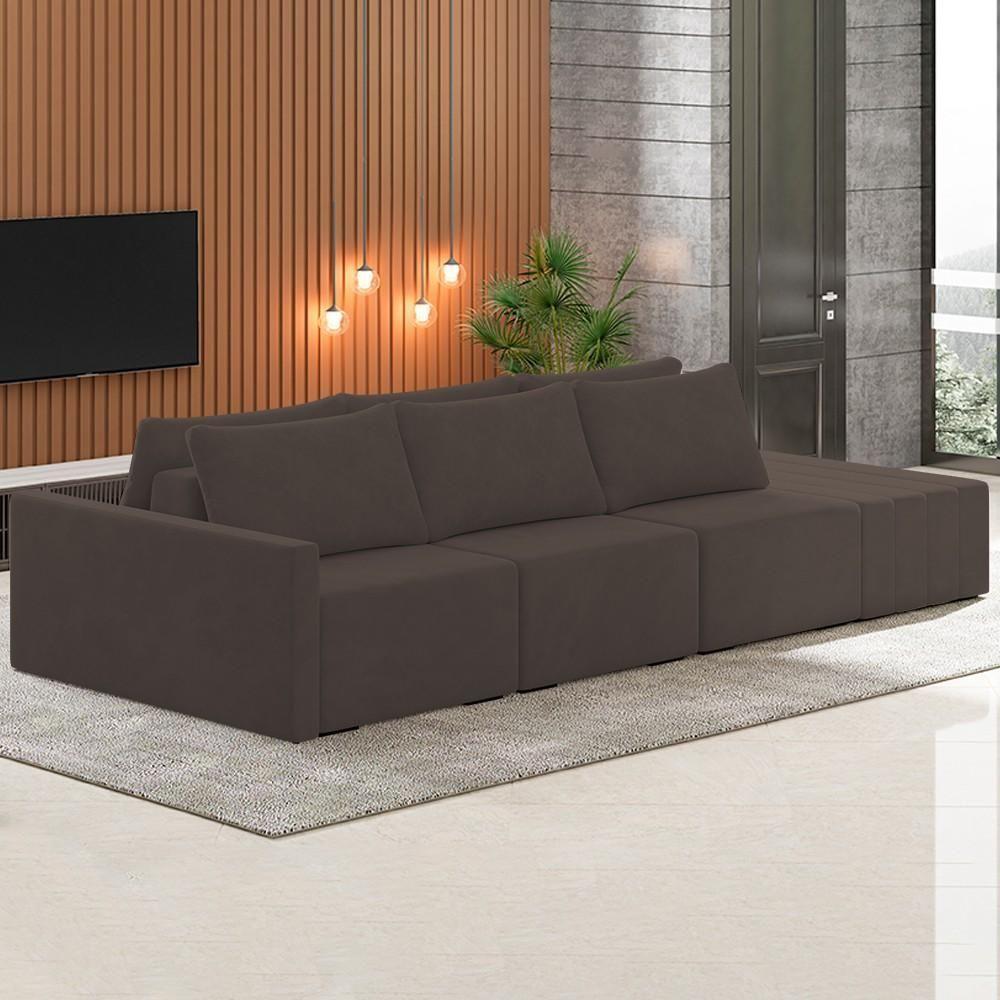 Sofá Ilha Modular Com Puff Para Sala Living 312cm Georgia K04 Veludo Marrom - Mpozenato - 3