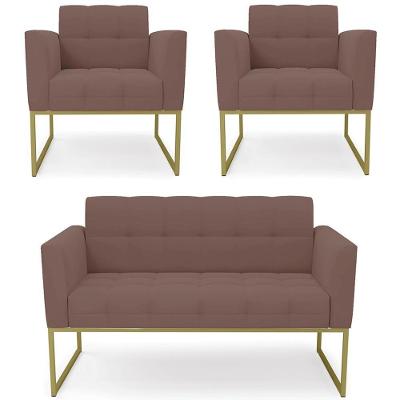Sofá Namoradeira E 2 Poltronas Base Industrial Dourado Ana Veludo Rosê - Ibiza