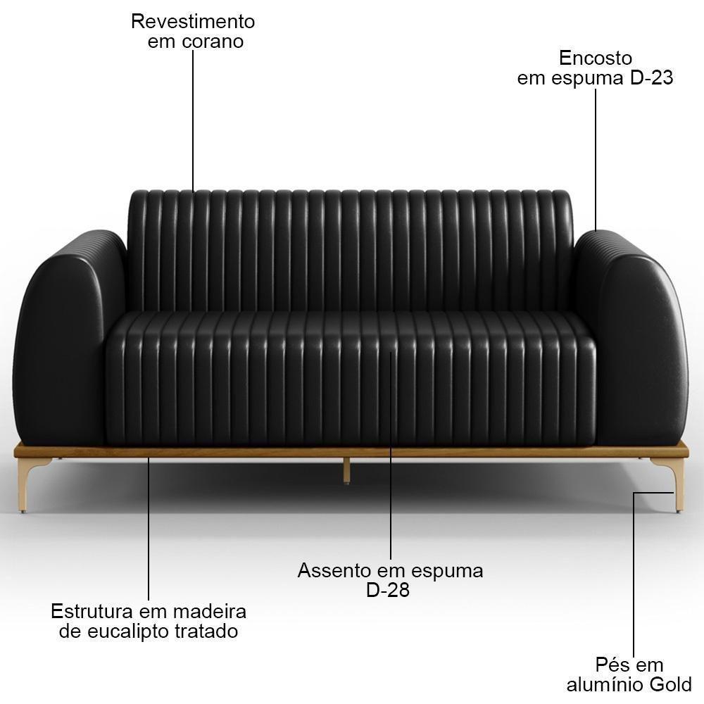 Sofá 180cm 3 Lugares Base Gold Molino D06 Pu B-159 Preto - Mpozenato - 3