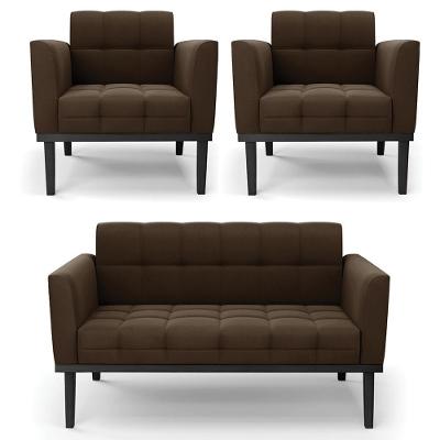 Sofá Namoradeira E 2 Poltronas Base Madeira Preto Ana Suede Marrom - Ibiza