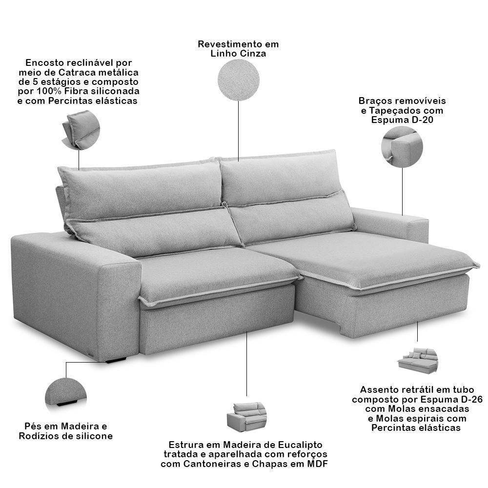 Sofá Retrátil Reclinável Para Sala 4 Lugares 280cm Senzi F04 Linho Cinza - Lyam Decor - 3