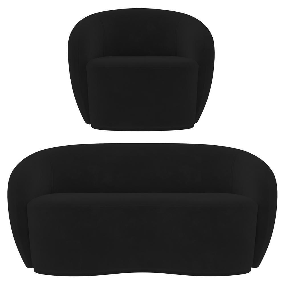 Sofá 3 Lugares Living 180cm E 1 Poltrona Giratória Garbin K04 Veludo Preto - Mpozenato - 1