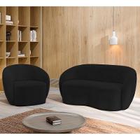 Sofá 3 Lugares Living 180cm E 1 Poltrona Giratória Garbin K04 Veludo Preto - Mpozenato - 5