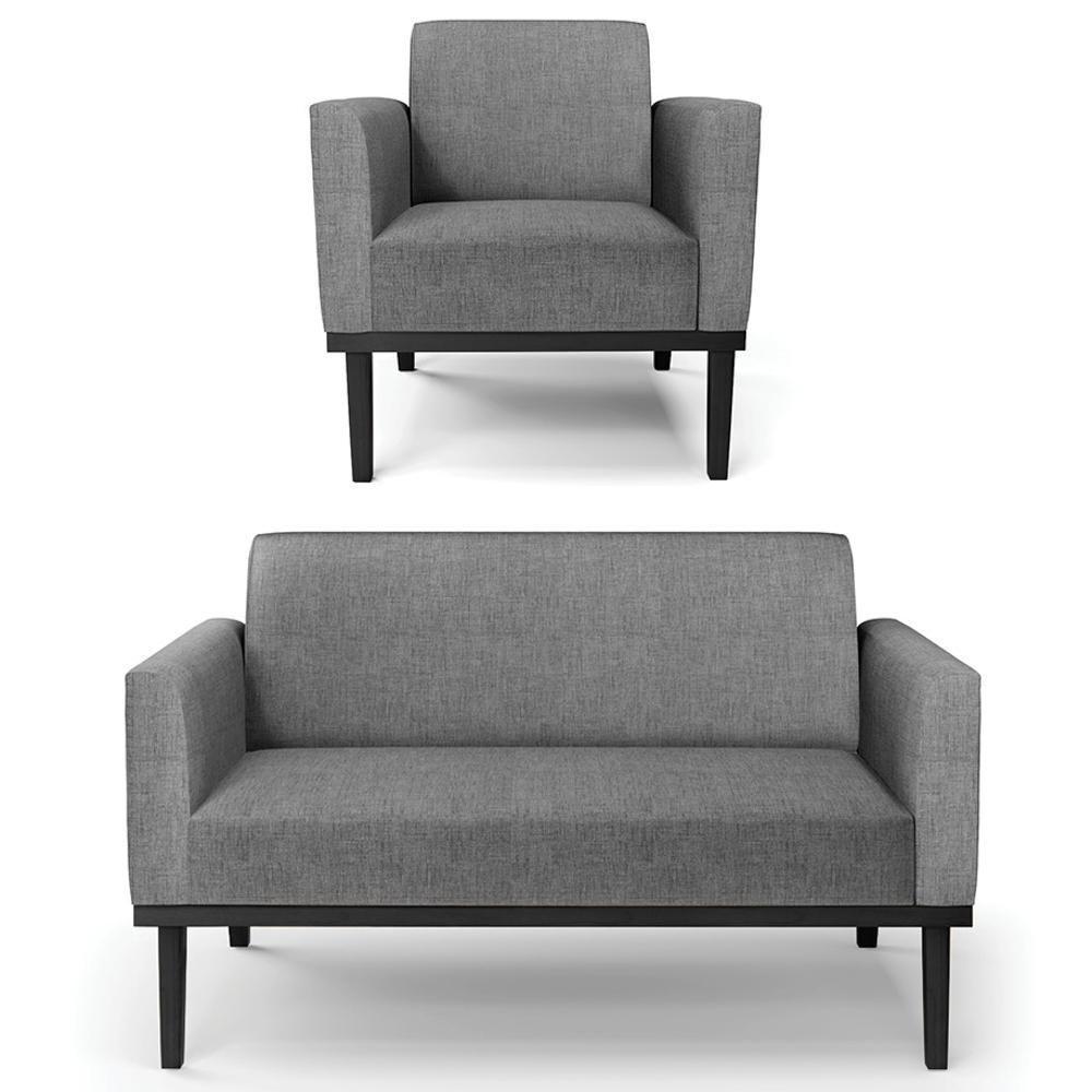 Sofá Namoradeira E 1 Poltrona Base Madeira Preto Maressa Linho Grafite - Ibiza - 1