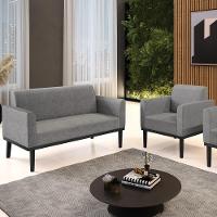 Sofá Namoradeira E 1 Poltrona Base Madeira Preto Maressa Linho Grafite - Ibiza - 2