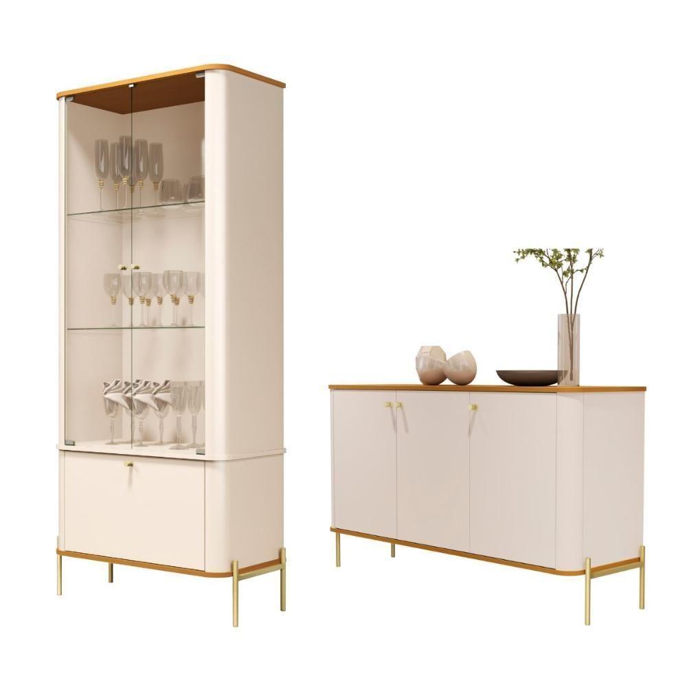 Conjunto Buffet E Cristaleira Valetine Off White Nature Dourado - 1