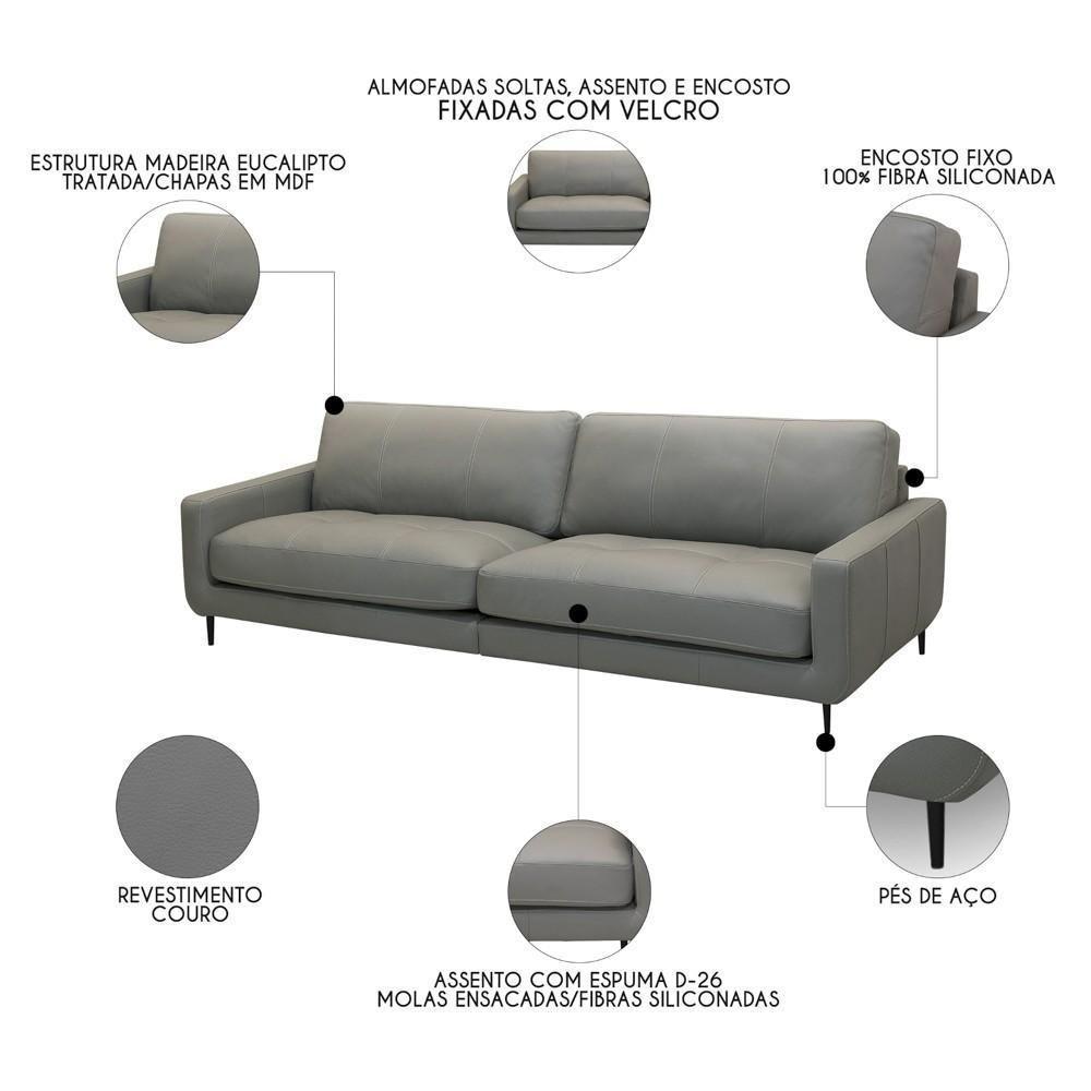 Sofá 4 Lugares Para Sala 270cm Alicie L08 Couro Cinza Claro - Mpozenato - 3