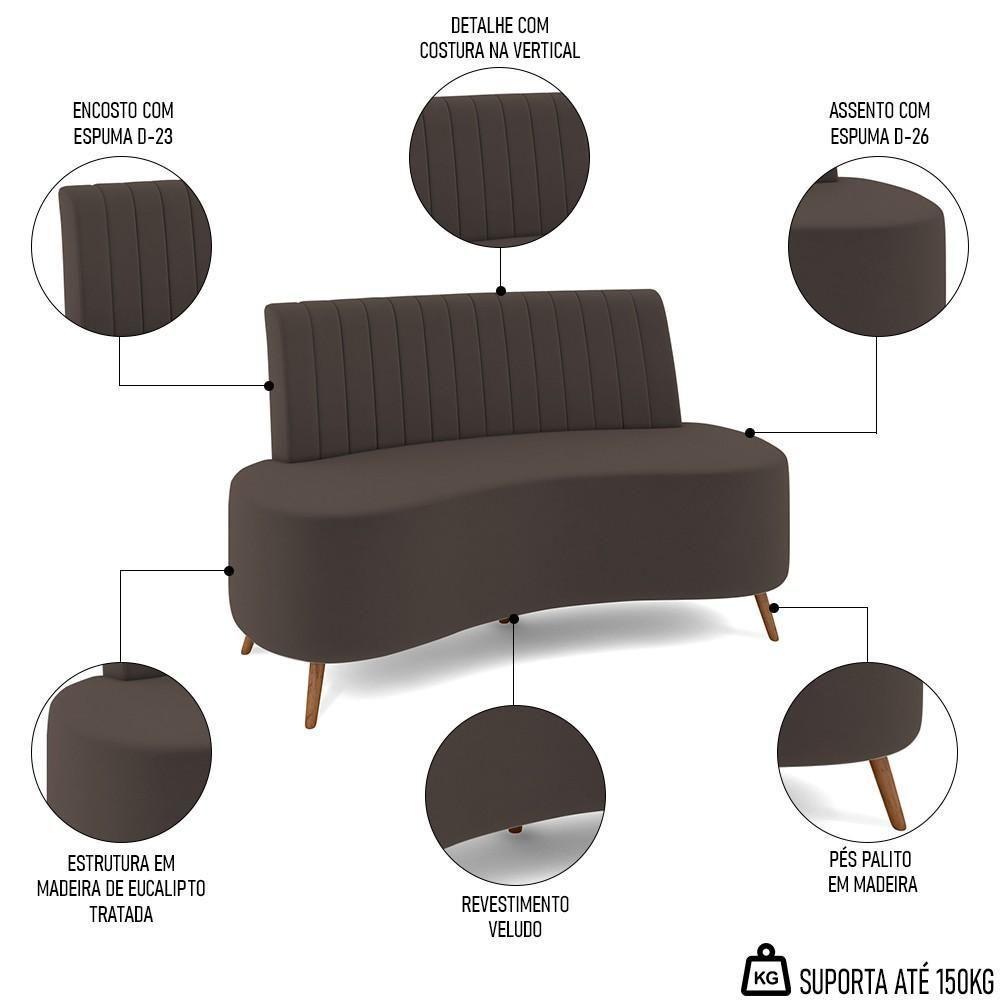 Sofá 2 Lugares Para Sala Living 135cm Pés Palito Tamar K04 Veludo Marrom - Mpozenato - 7