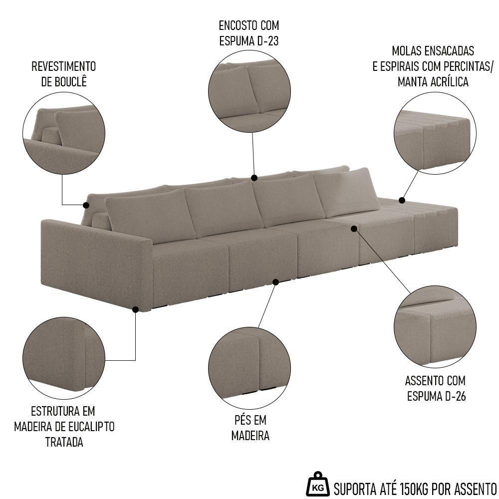 Sofá Ilha Modular Com Puff Para Sala Living 432cm Georgia K04 Bouclê Bege Escuro - Mpozenato - 3