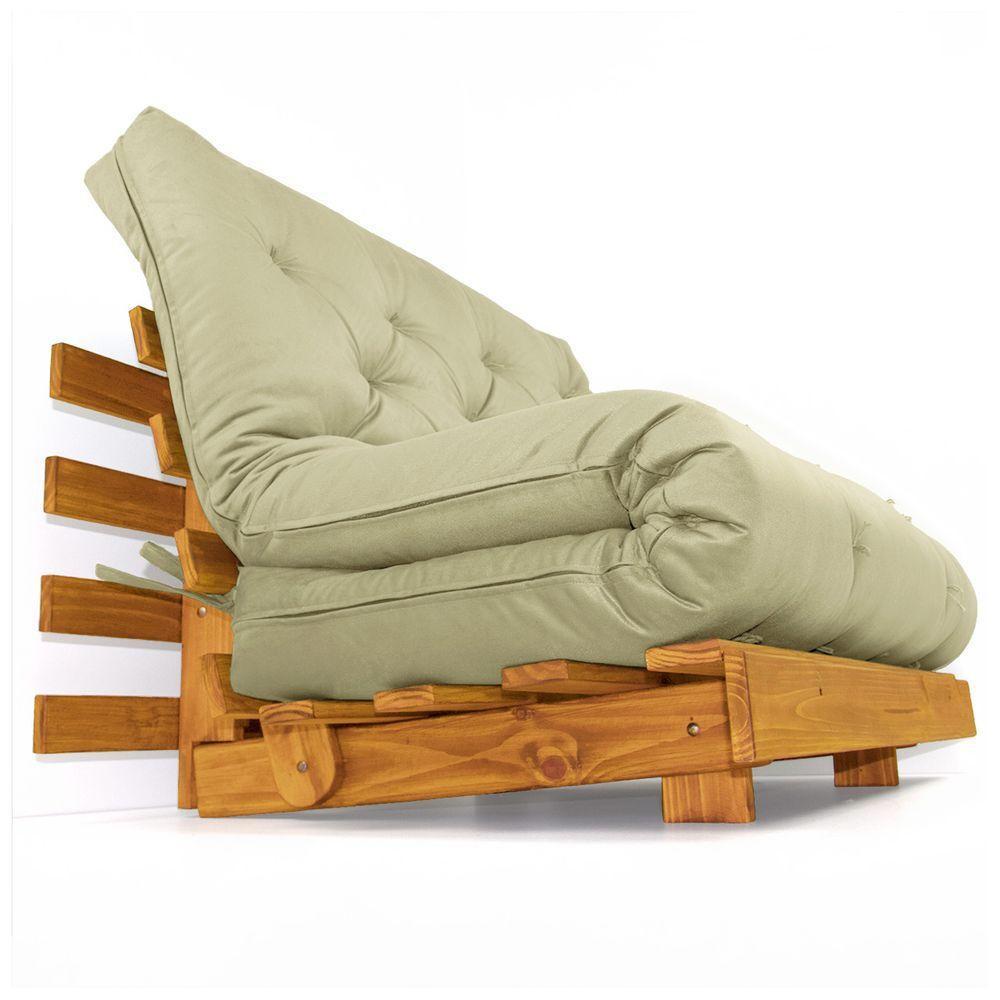 Sofá Cama Casal Futon Tokio Bege Madeira Maciça Cor Mel - 1