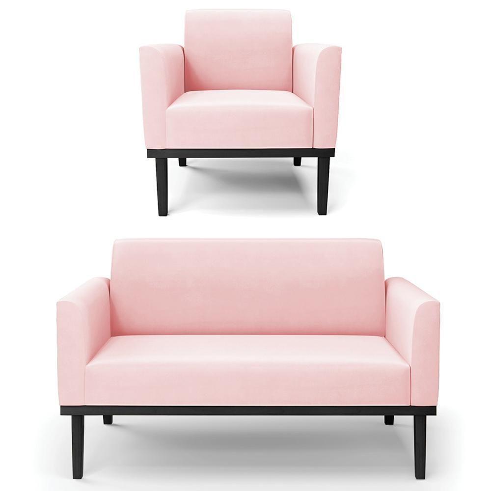 Sofá Namoradeira E 1 Poltrona Base Madeira Preto Maressa Suede Rosa Bebê - Ibiza - 1