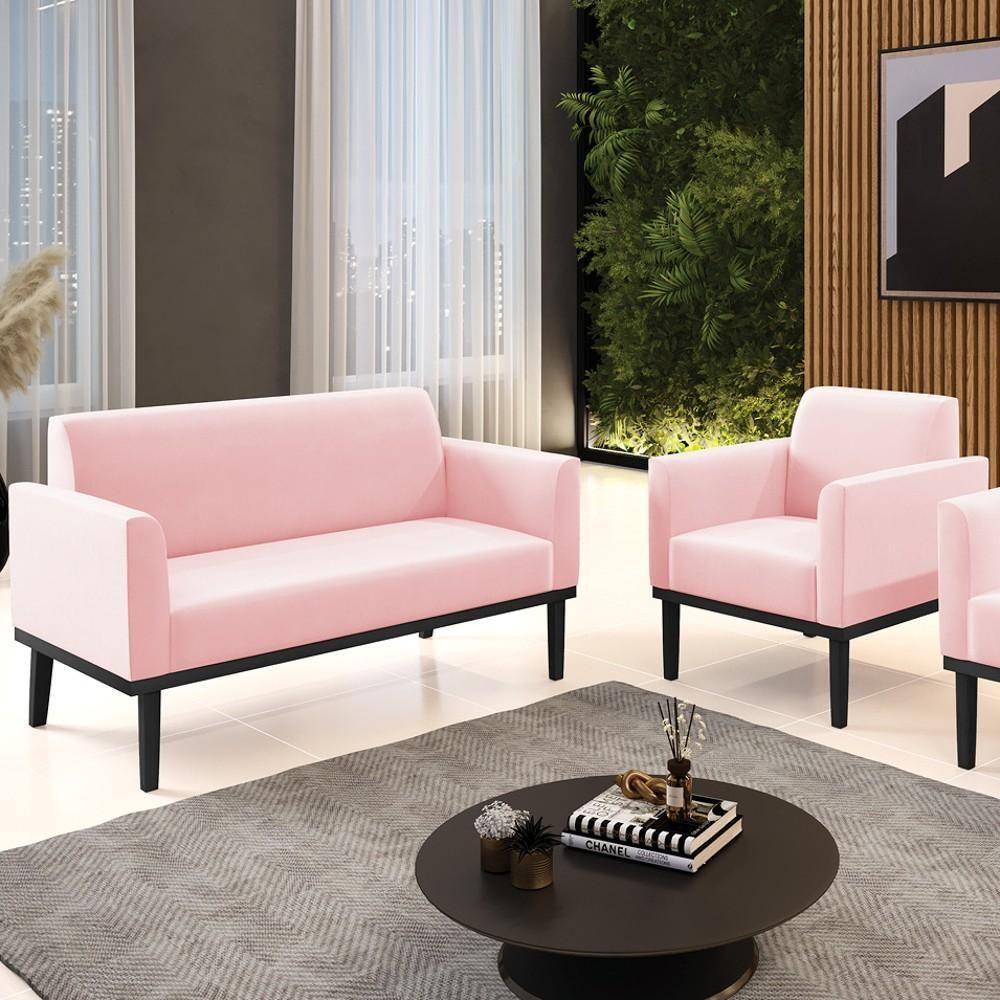 Sofá Namoradeira E 1 Poltrona Base Madeira Preto Maressa Suede Rosa Bebê - Ibiza - 2
