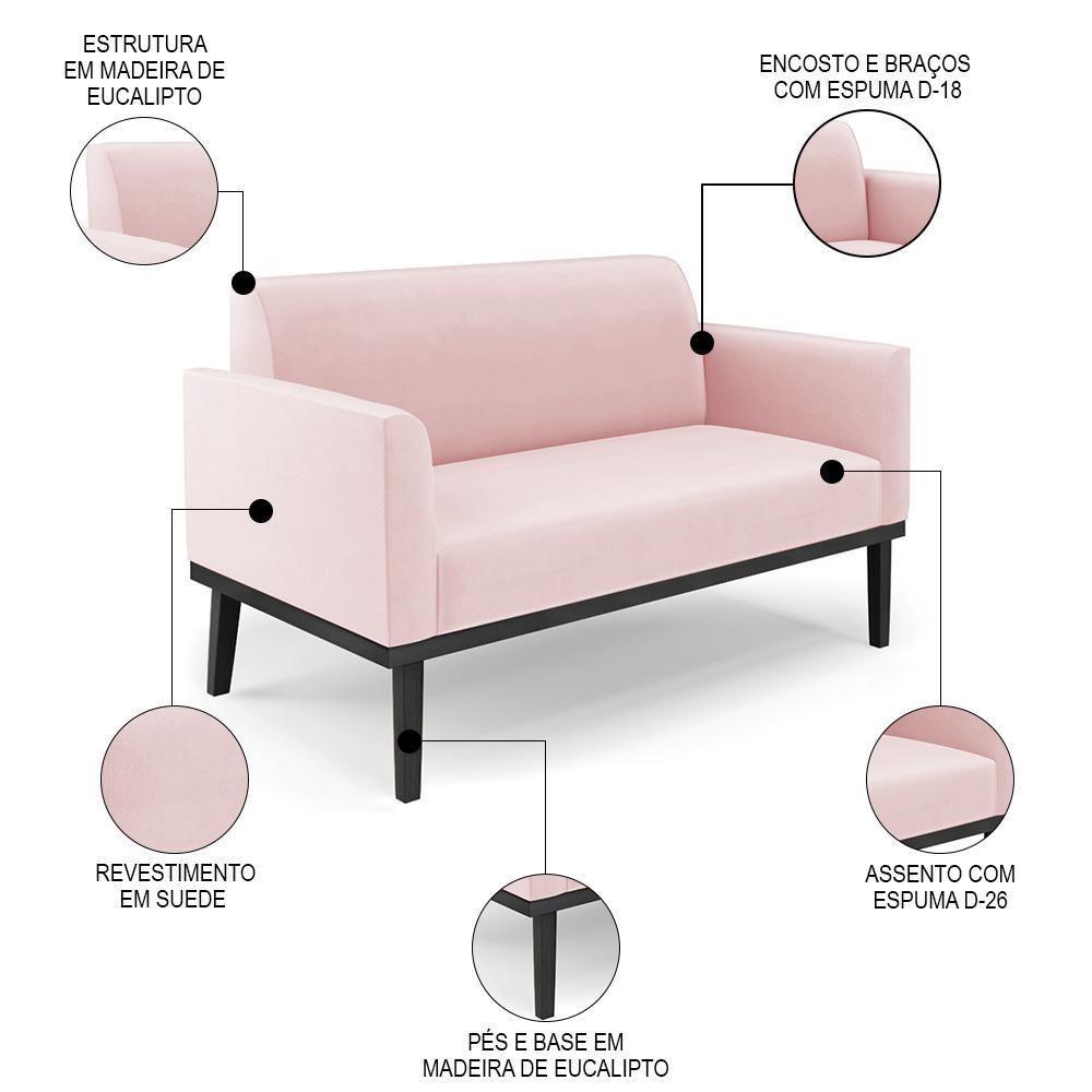 Sofá Namoradeira E 1 Poltrona Base Madeira Preto Maressa Suede Rosa Bebê - Ibiza - 4