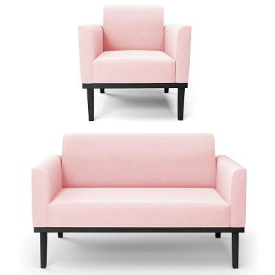 Sofá Namoradeira E 1 Poltrona Base Madeira Preto Maressa Suede Rosa Bebê - Ibiza