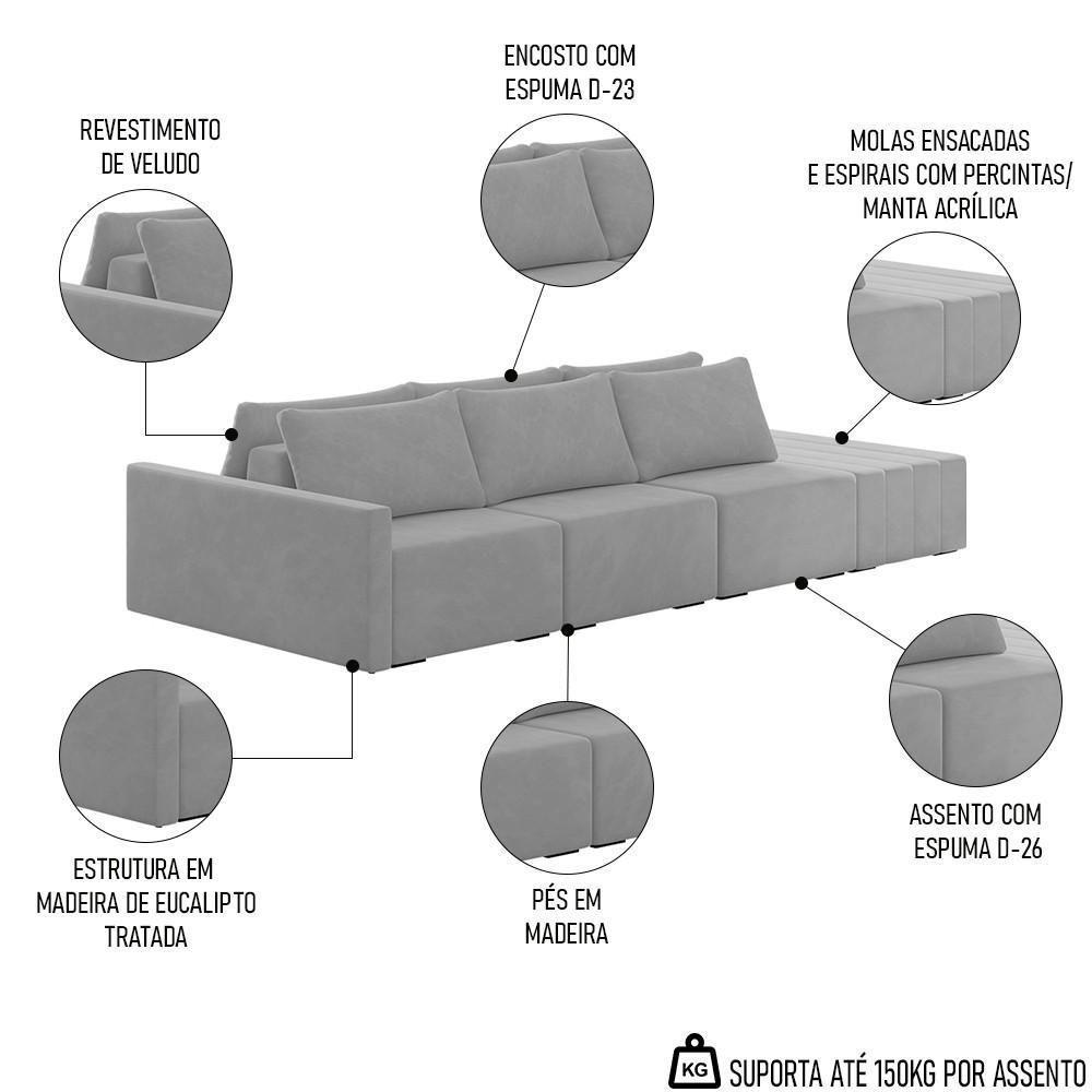 Sofá Ilha Modular Com Puff Para Sala Living 342cm Georgia K04 Veludo Cinza - Mpozenato - 3