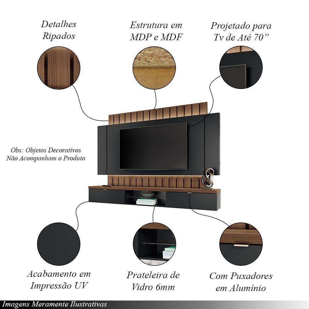 Painel Home Suspenso 2.2 Para Tv Até 70 Mdp/mdf Com Fita Led Shawn Preto/castanho G26 - Gran Belo - 3