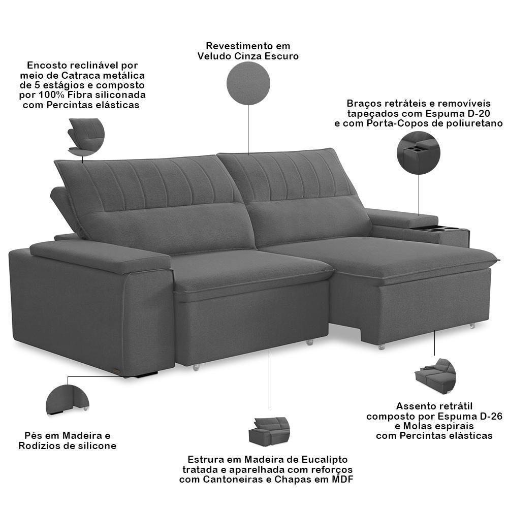 Sofá Retrátil Reclinável Para Sala 3 Lugares 205cm Ricci F04 Veludo Cinza Escuro - Lyam Decor - 1