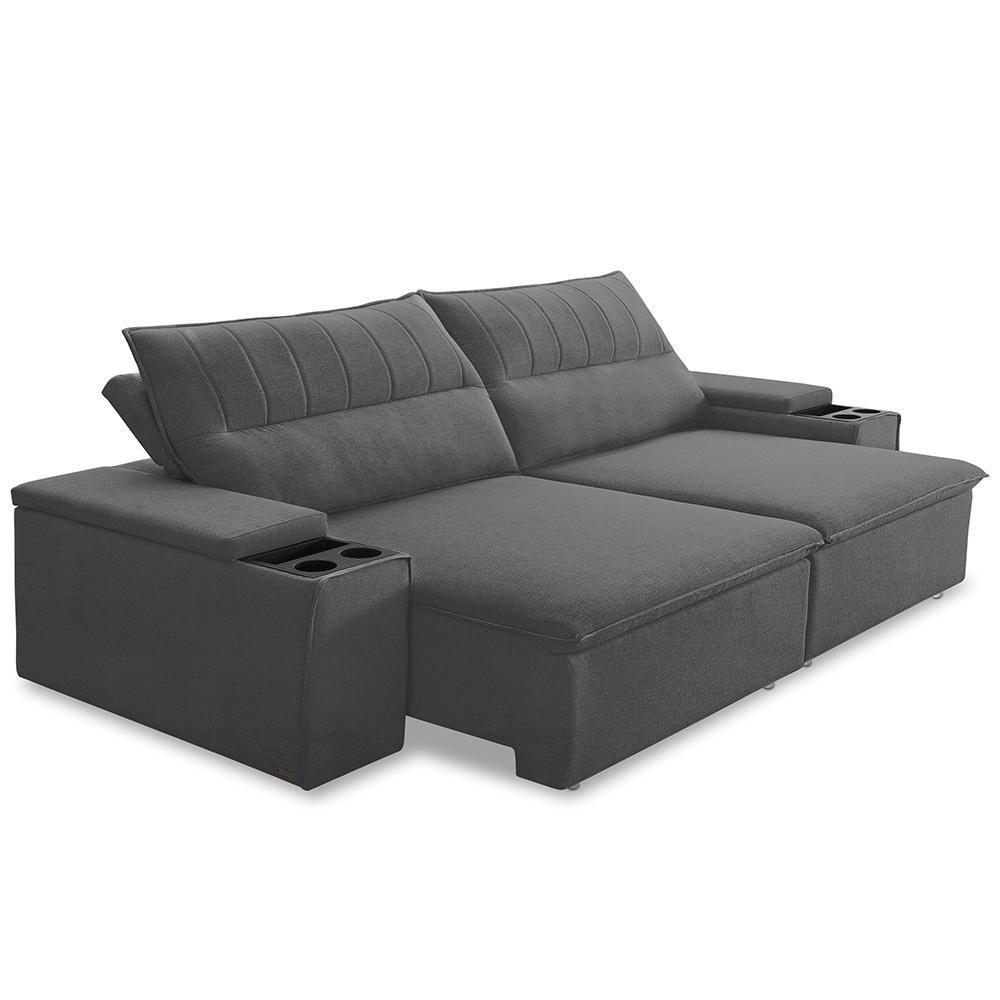 Sofá Retrátil Reclinável Para Sala 3 Lugares 205cm Ricci F04 Veludo Cinza Escuro - Lyam Decor - 3