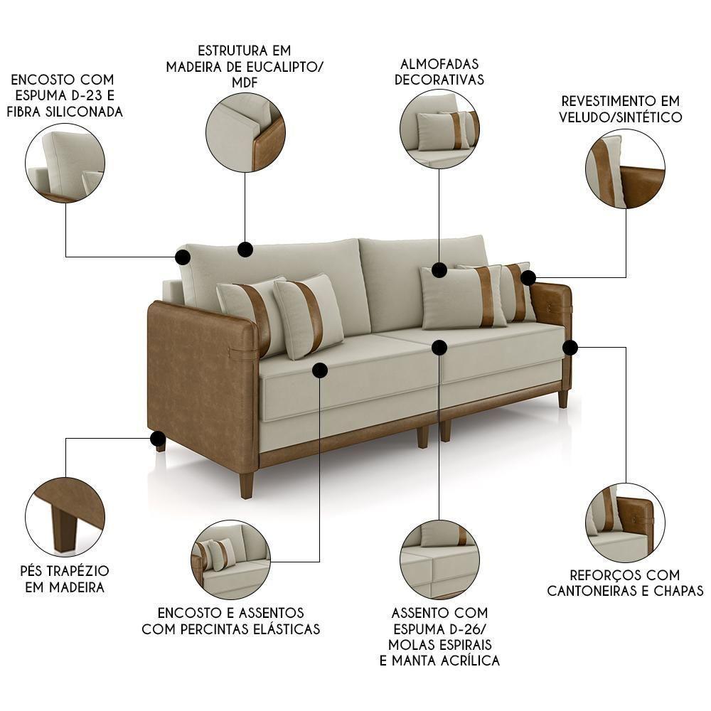 Sofá 3 Lugares Living 192cm Zoe K04 Veludo Bege/marrom - Mpozenato - 4