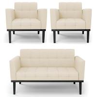 Sofá Namoradeira E 2 Poltronas Base Madeira Preto Ana Linho Bege - Ibiza - 1