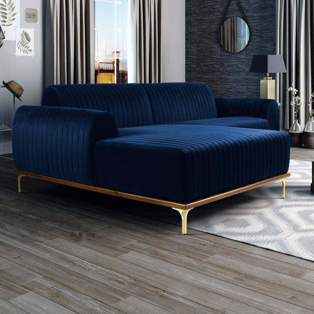 Sofá 230cm 4 Lugares Com Chaise Esquerdo Pés Gold Molino C-304 Veludo Azul Marinho - Domi - 2