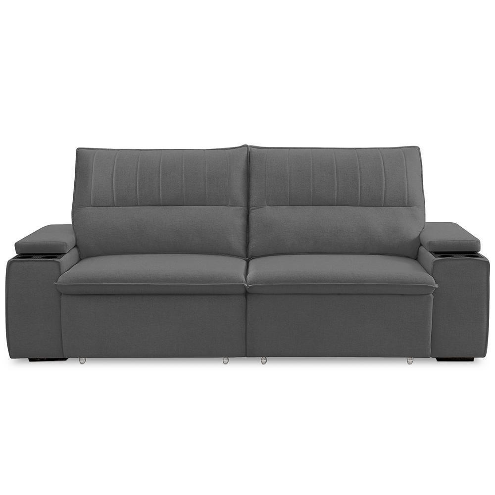 Sofá Retrátil Reclinável Para Sala 3 Lugares 245cm Ricci F04 Veludo Cinza Escuro - Lyam Decor - 2