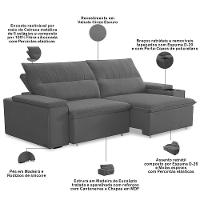 Sofá Retrátil Reclinável Para Sala 3 Lugares 245cm Ricci F04 Veludo Cinza Escuro - Lyam Decor - 3
