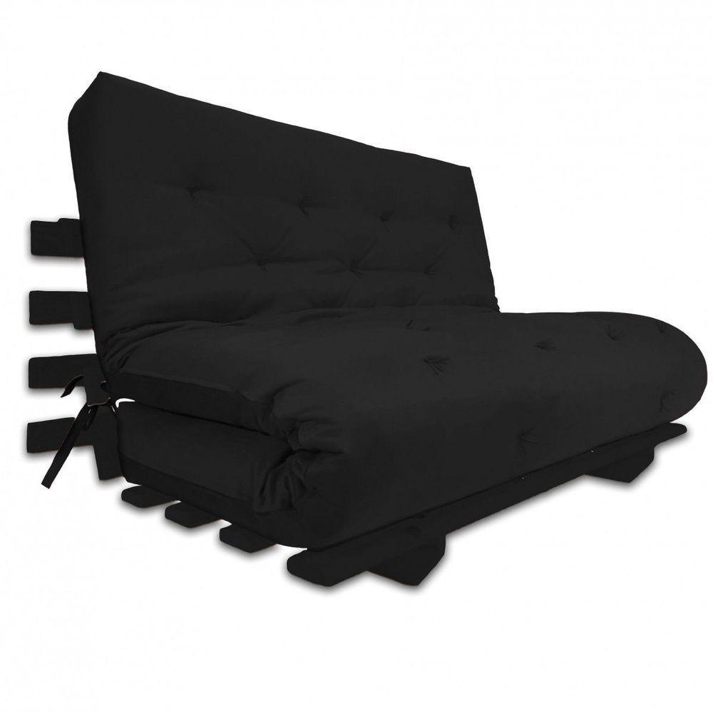 Sofa Cama Casal Futon Oriental Preto Com Madeira Preta - 1