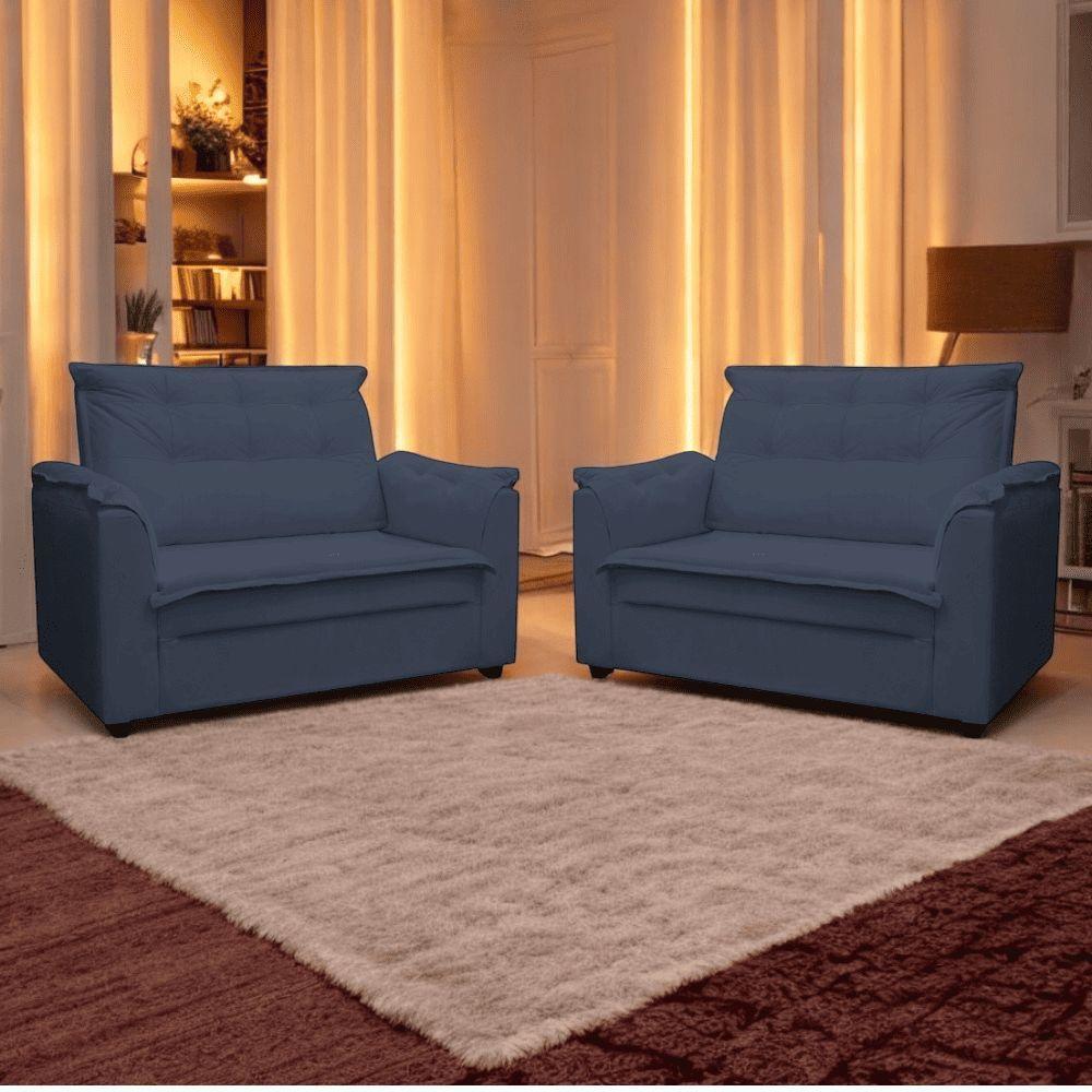 Kit 03 Sofás 2 Lugares Namoradeira Marrocos 1,40m Sala De Tv Estar Recepção Suede Azul Marinho Mabe Magazine - 2