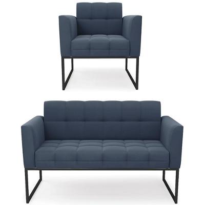 Sofá Namoradeira E 1 Poltrona Base Industrial Preto Ana Suede Azul Marinho - Ibiza
