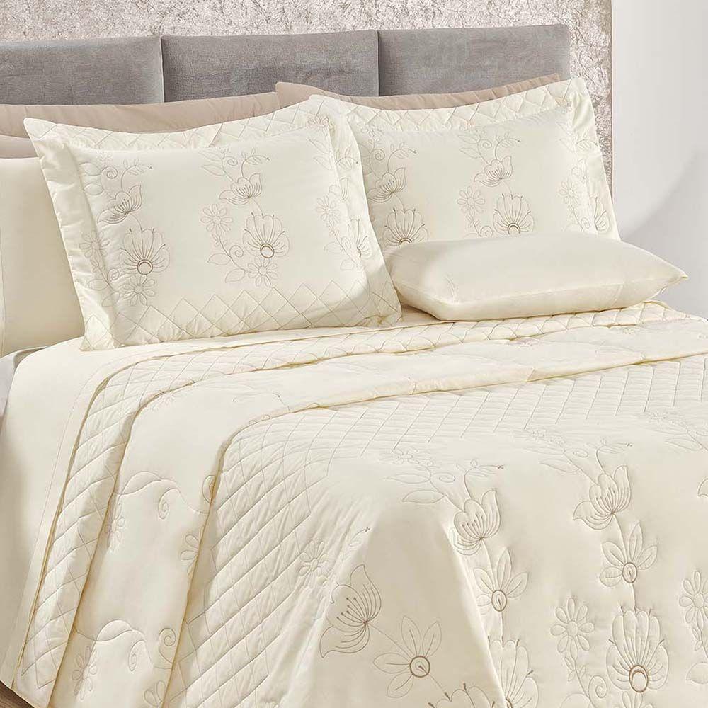Kit Cobre Leito Colcha Atena Queen 5 Peças 100% Algodão 150 Fios Bordado Floral - Marfim - 2