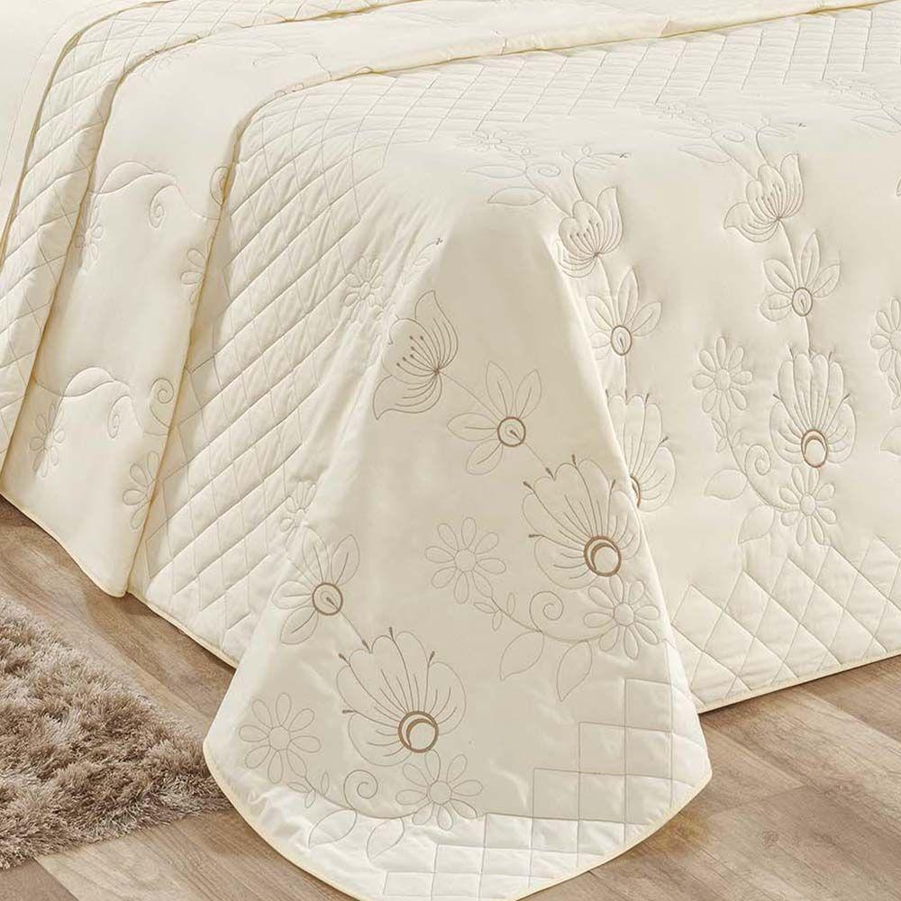 Kit Cobre Leito Colcha Atena Queen 5 Peças 100% Algodão 150 Fios Bordado Floral - Marfim - 3